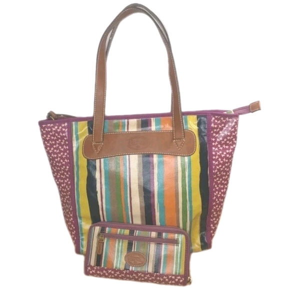 Fossil Key Per Canvas Tote Purse  & Wallet Floral Striped Leather Top Handle Bag - Picture 1 of 16